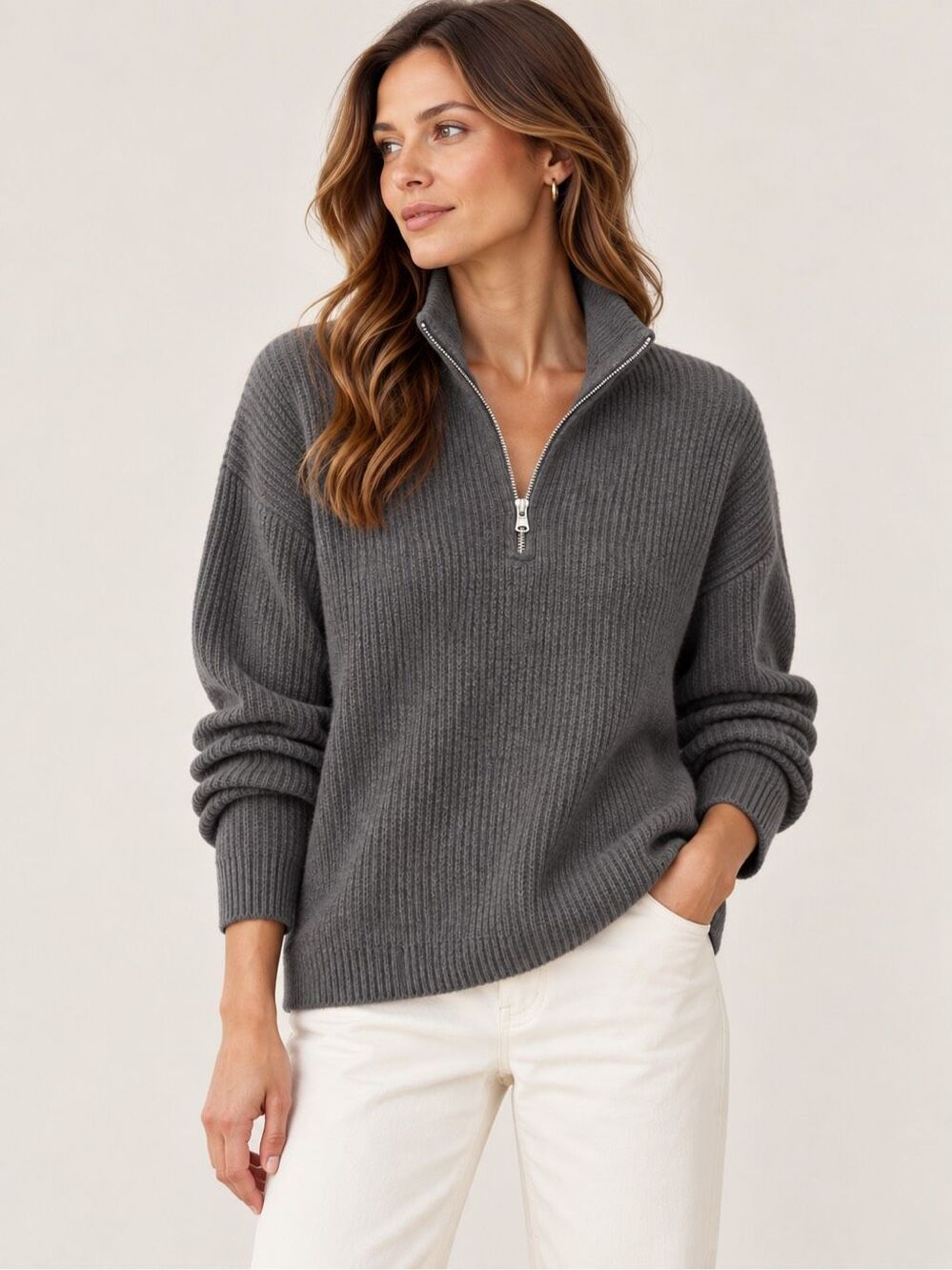 Jenni Kayne 100% Cashmere Half Zip Sweater Storm Gray Size Small Mockneck